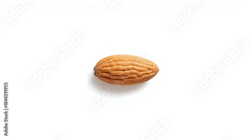 A single almond with a detailed texture sits isolated on a pure white background, lit well with soft shadows underneath, perfect for food or nutrition concepts