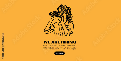 Businesswomen searching for opportunities in recruitment and hiring illustrated on a yellow background