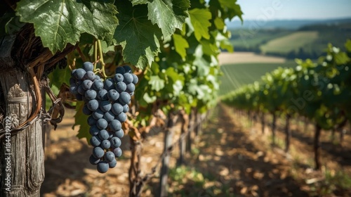 A cluster of lush purple grapes hangs from a vine in a vineyard with rolling hills and rows of grapevines under a clear blue sky on a sunny day