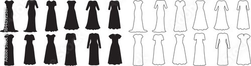 Collection of Black Formal Dress Silhouettes and White Outline Gowns Vector Set isolated PNG with Transparent Background