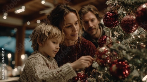 Family gathers together around the festive evergreen tree, carefully adorning it with shimmering red ornaments for the holidays. Warmth and togetherness.