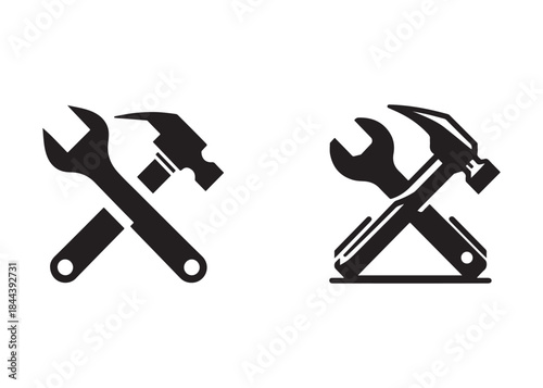 hammer and wrench logo silhouette vector, hand tool logo silhouette illustration, construction equipment logo, repair service wrench crossed over a hammer logo silhouettes vector on white background 