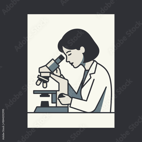 Female scientist in a lab coat observing a specimen through a modern microscope for research or medical analysis.