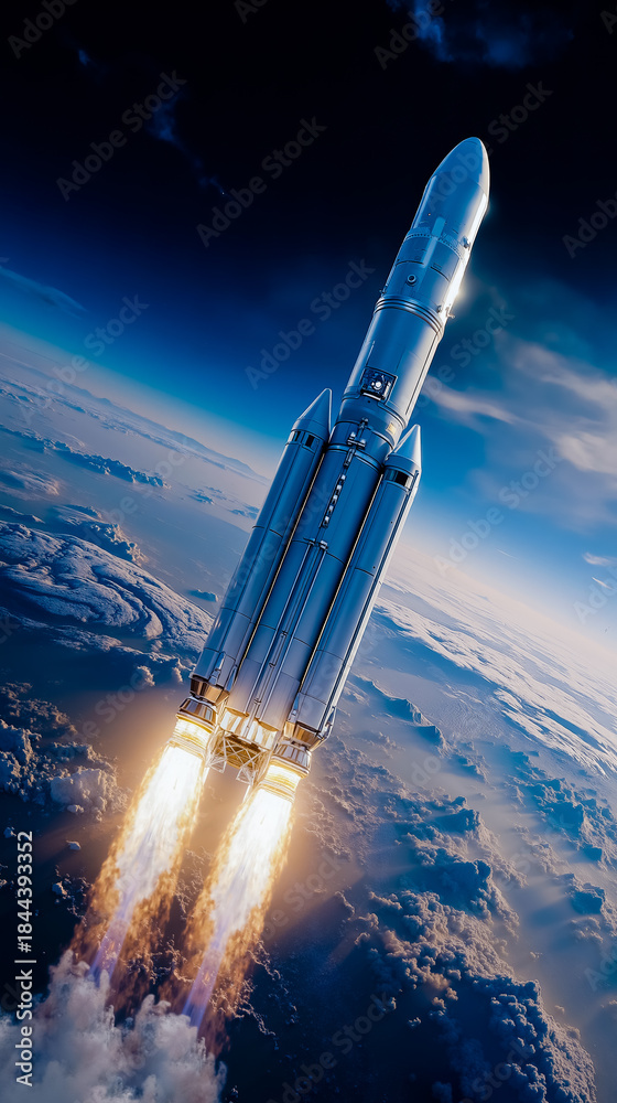 Obraz premium A rocket launching into space with a blue sky and clouds in the background