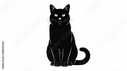 Black cat sitting looking forward.