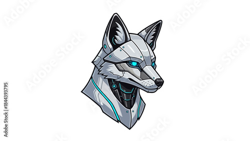Futuristic Wolf Head Illustration with Glowing Eyes.