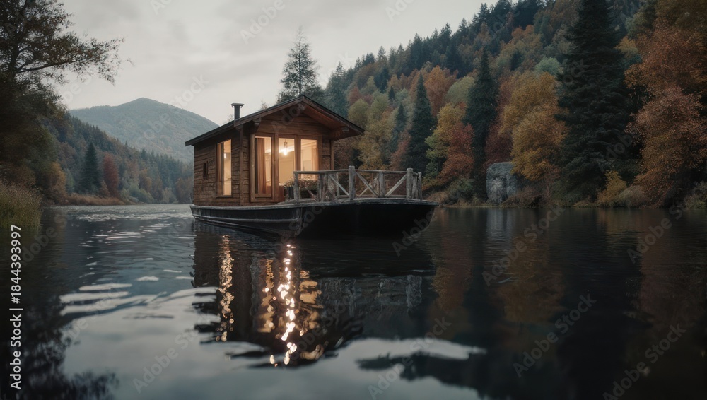 Fototapeta premium Cozy Houseboat on a Serene Lake Surrounded by Autumn Forest and Mountains at Dusk.