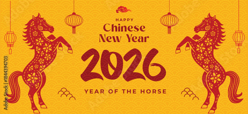 Chinese New Year 2026 greeting cards with horse illustration, lanterns, floral and geometric decorative elements. Graphic vector templates for holiday invitation, postcard, and banner design