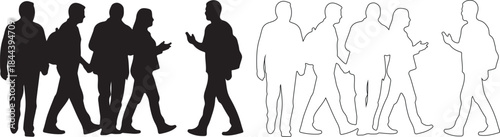 Vector Set of Walking People Silhouettes and Outline Line Art Graphics isolated PNG with Transparent Background