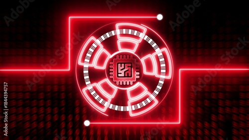 Red neon glowing circuit board with barcode and microchip on dark background