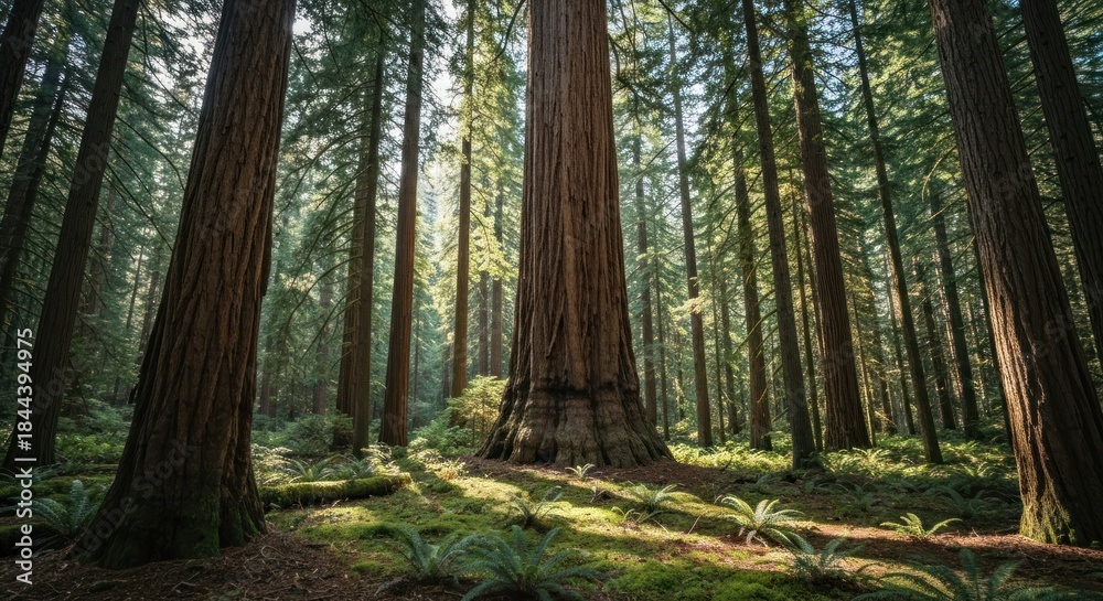Fototapeta premium Sunlight filters through giant redwood trees