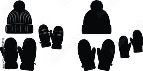 Winter hat and mittens silhouette set for cold weather protection
