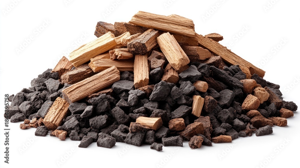 custom made wallpaper toronto digitalPile of wood kindling and charcoal briquettes for grilling, smoking, or fireplace fuel, isolated on white background.