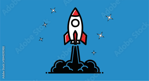 Simple cartoon rocket ship launching upward into a starry blue night sky with thick smoke trails
