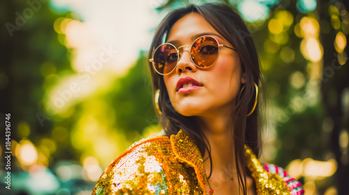 A woman wearing a gold sequined top and sunglasses looking to the side