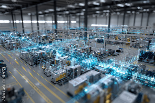 Futuristic factory floor with digital overlay showing smart manufacturing processes. An advanced manufacturing facility is visualized with glowing blue digital data streams connecting machinery.