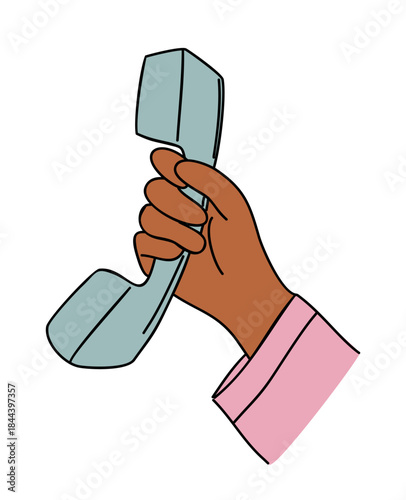 Hand holding a light blue telephone handset in flat modern style. Minimalist vector illustration isolated on transparent background.