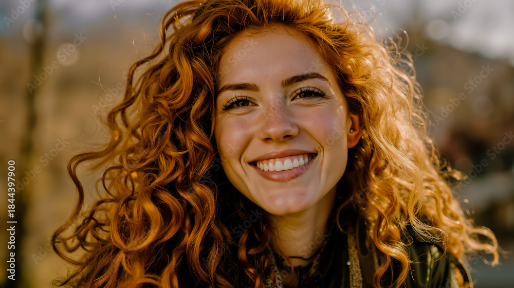 Naklejka premium A smiling woman with curly red hair