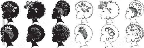 Collection of Ethnic Women Head Silhouettes and Line Art Vector Graphics isolated PNG with Transparent Background