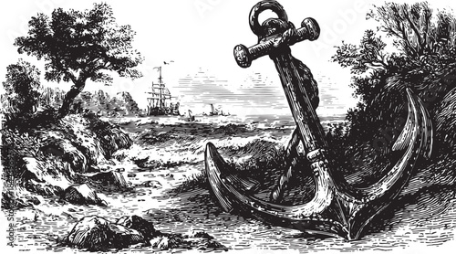 Anchor by the shore with a sailing ship in the distance. Vintage black and white landscape vector illustration depicting nature and waves in a coastal set.