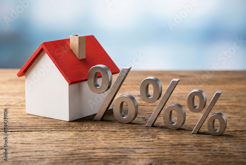 Mini house model with percent symbols about mortgage rates, home loan interest and property tax finance concept.