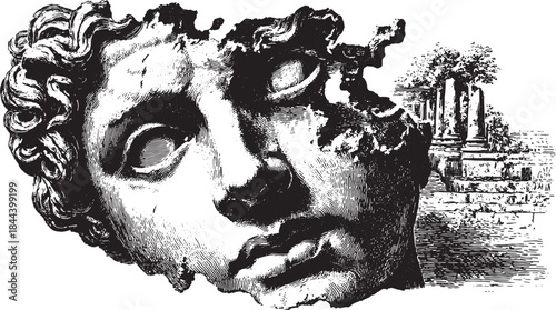 Classical statue head in detailed black and white. Isolated vector illustration showcasing historical artistry and design.