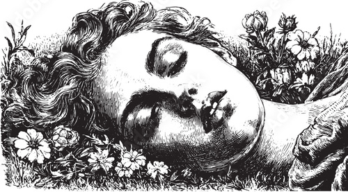 Sleeping girl surrounded by flowers. Vintage black and white vector illustration showcasing detailed portrait and serene nature setting.