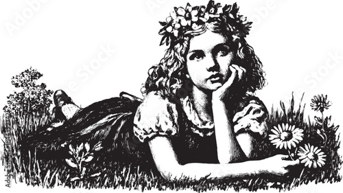Girl lying in grass, holding a daisy flower. Vintage vector illustration capturing a thoughtful character in a natural setting.