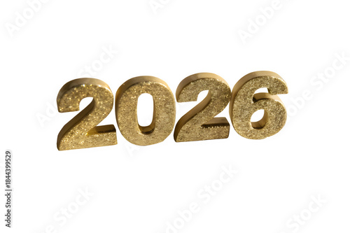 Large bold digits “2026” filled with high-quality gold foil texture, crisp edges, placed on smooth pure white background, soft shadow behind text for depth, faint scattered gold glitter around edges