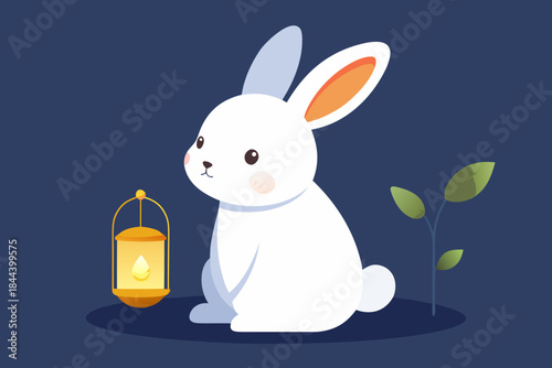 White bunny sitting by small lantern glowing warm yellow light