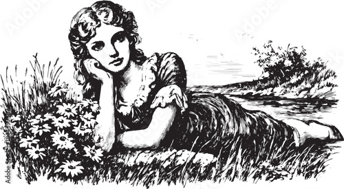 Vintage illustration of a girl lying among flowers by a river. The black and white vector illustration captures a peaceful moment in nature.
