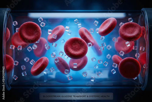 Red blood cells and sugar cubes in bloodstream, diabetes high blood glucose medical health science 3D illustration.
