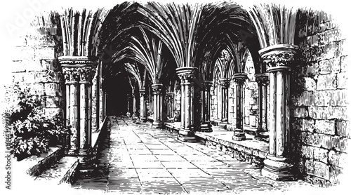 Gothic cathedral hallway engraving. Detailed black and white vector illustration showcasing pillars and arches in a historical set.