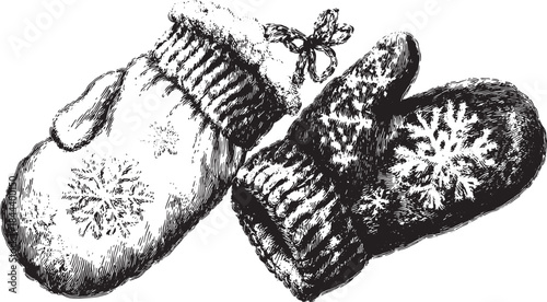 Cozy winter mittens with black and white snowflake patterns. Detailed engraving vector illustration with a classic design in a set.