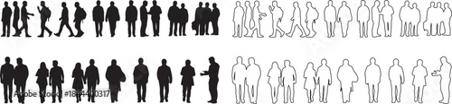 Set of diverse people silhouettes and outline figures for architectural plans and scale drawings isolated PNG with Transparent Background