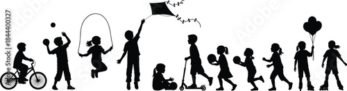 Kids on Bike, Scooter, Jumping Rope, and Flying Kite for Childhood, Activity, and Playtime Assets, Flat Illustration.