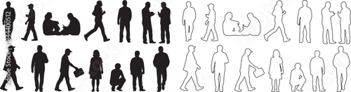 Collection of diverse vector people silhouettes and outline figures in various poses for design projects isolated PNG with Transparent Background