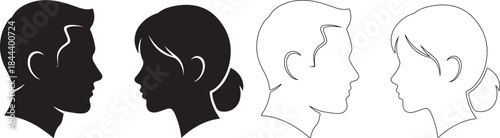 Male and Female Head Profile Silhouettes and Outline Icons Vector Set isolated PNG with Transparent Background