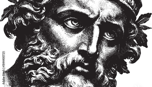 Mythological god portrait in black and white. Classic vector illustration featuring detailed facial expression and crown design.