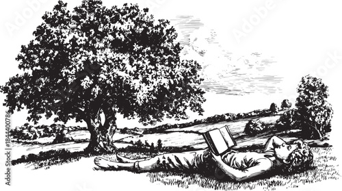 Tree and child reading a book in nature. Black and white vector illustration showcasing a peaceful outdoor setting surrounded by greenery and clouds.