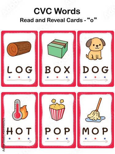 CVC Word Flashcards for Kids – Short Vowel O, Early Reading and Phonics Learning. Educational Worksheet.