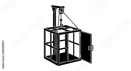 Industrial Elevator Cage with Open Door and Pulley System.