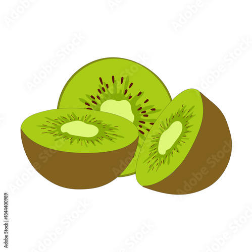 Fresh, ripe kiwi fruit with leaves and sliced sections on a white background, highlighting its juicy, sweet, and healthy tropical goodness