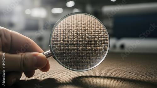 A hand meticulously examines the intricate weave of a textile fabric using a magnifying glass in a factory setting.