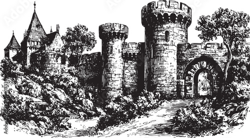 Medieval castle gate vector illustration in black and white engraving style. Features detailed stone architecture and natural landscape with trees and bushes.