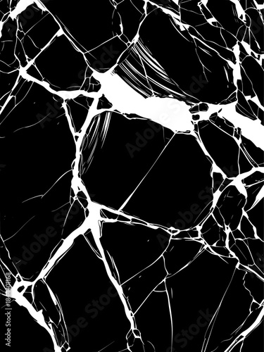 Abstract black and white shattered glass texture vector illustration, dark broken screen pattern or distressed surface background with dramatic sharp crack lines and damage