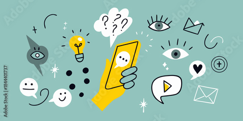 Doodle illustration featuring a smartphone surrounded by various creative icons