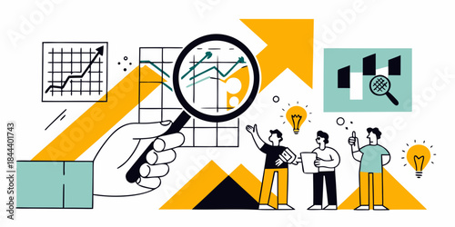 Data analysis brainstorming and teamwork driving innovation with a magnifying glass