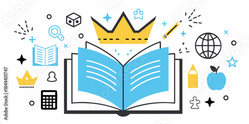 Education and learning concept with books crowns and various academic icons