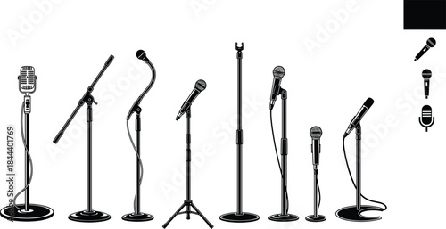 Retro and Modern Microphones in Various Poses for Audio Recording, Broadcasting, Music, and Media Graphics, Flat Illustration.